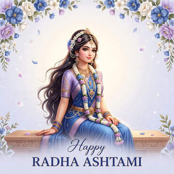 Elegant goddess figure adorned in traditional blue attire surrounded by delicate floral decorative elements with portrays graceful woman wearing traditional attire jewelry