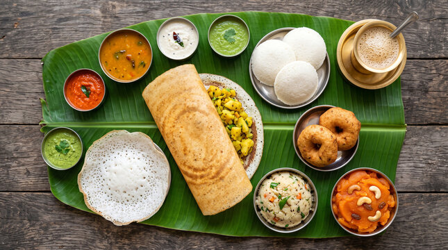 Authentic South Indian breakfast featuring dosa, idli, vada, and chutneys served on a traditional banana leaf.