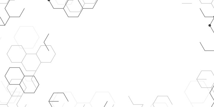 Abstract bright white honeycomb hexagon pattern background. Modern delicate charcoal grey honeycomb grid with connected nodes. Science design for banner, packaging and editorial layout.