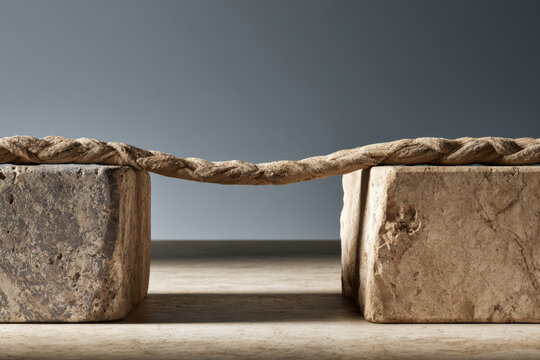 Ancient rope stretches taut between two weathered stone blocks