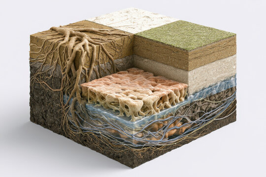 Cross-section reveals soil layers with roots and water