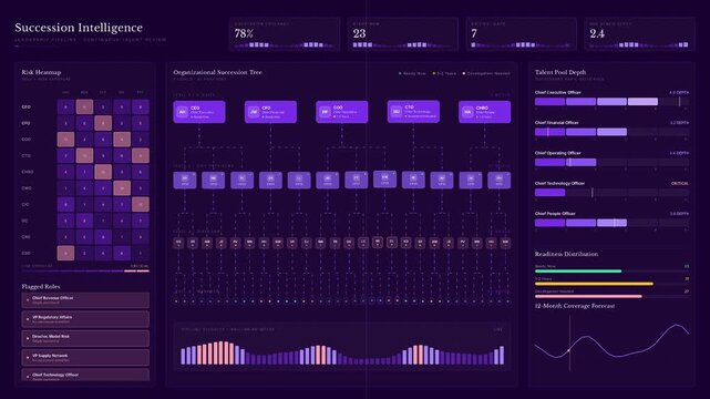 An elegant 4K succession planning dashboard showcasing a detailed organizational hierarchy tree on a deep plum background with interactive elements and KPIs for leadership development.