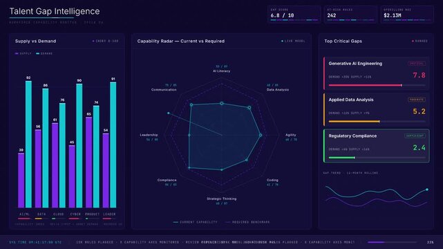 A cinematic 4K digital dashboard visualizing AI talent gaps with animated charts and KPI metrics on a deep indigo background, showcasing skill supply and demand dynamics.