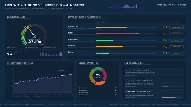 Explore an empathetic AI monitor dashboard for employee wellbeing and burnout risk, featuring a circular gauge, department breakdowns, and sentiment trend analysis in soothing colors.