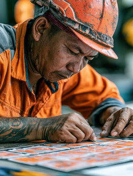 Hardworking man in orange safety gear focuses intently