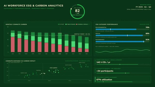 Explore a detailed 4K ESG and carbon analytics dashboard featuring vibrant green metrics and insights on a dark organic background for sustainability-focused decision-making.