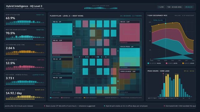 A 4K smart workplace analytics dashboard showcasing hybrid work optimization with detailed occupancy rates and resource utilization metrics on a sleek graphite background.