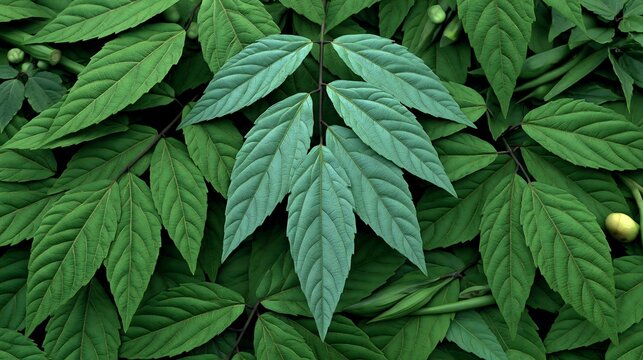 Green leaves pattern during daylight with soft focus on a central stem for nature backgrounds