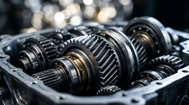 Metallic gears and bearings of a car gearbox isolated on transparent background. Ideal for automotive repair ads.