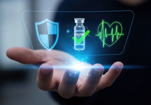 Healthcare Technology and Innovation: A hand holds a holographic display showcasing vital healthcare symbols, including a shield, a vaccine vial with a checkmark, and a heart monitor.