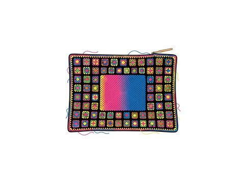 Granny Square Crochet Blanket With Crochet Hook Colorful Hand Drawn Vector Illustration