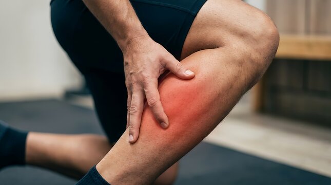 Man Experiencing Thigh Muscle Pain During Workout Session, Highlighted Red Area for Medical and Healthcare Content Use