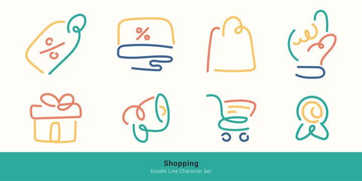 Online shopping and retail promotion concepts. Minimal doodle line icon set including discount price tag, shopping bag, gift box, megaphone, and cart.