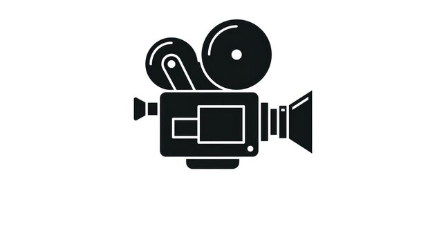 Cinematic vintage film camera icon presented in a bold black silhouette style on white background surface