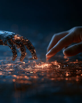 Futuristic Concept of Human and Robot Hand Reaching Toward Each Other Over Glowing Digital Interface and AI Data