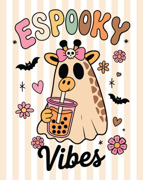 Cute Giraffe Ghost Boba Halloween Clipart
