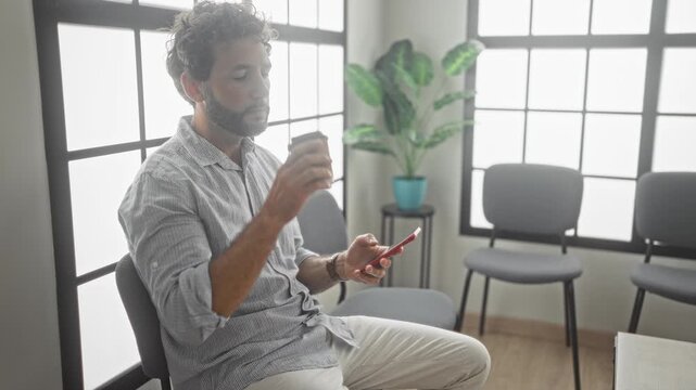 Man drinking coffee while holding smartphone and sitting on chair in a building waiting room; calm patience.