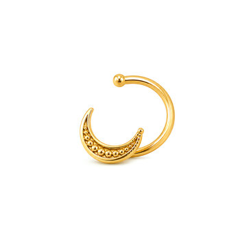 Gold moon septum ring featuring intricate beaded texture detail offering bohemian style for nose or ear piercing providing luxury metallic aesthetic for fashion jewelry collections and body adornment.