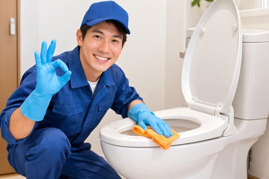 笑顔の男性清掃員がトイレを綺麗に掃除してOKサイン