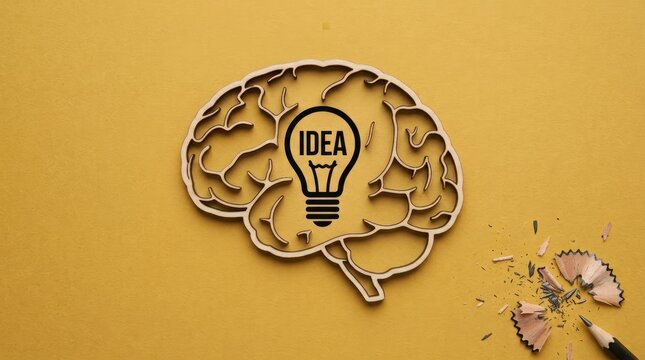 Wooden brain cutout featuring a lightbulb icon representing creative innovation and intelligent thinking for business success
