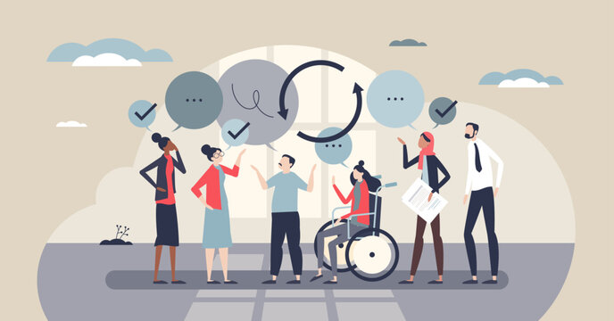 Internal communication teamwork aligns goals and inclusion, diverse colleagues share feedback via speech bubbles and circular arrows, plus a wheelchair user visible. Tiny style