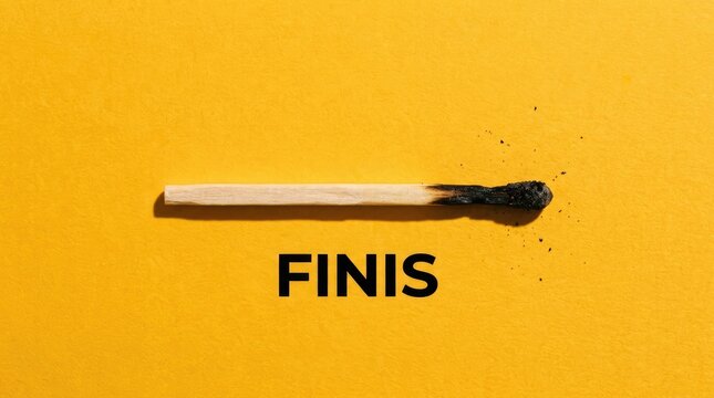 Burnt wooden matchstick lies horizontally over bright yellow background with black text reading finis underneath it