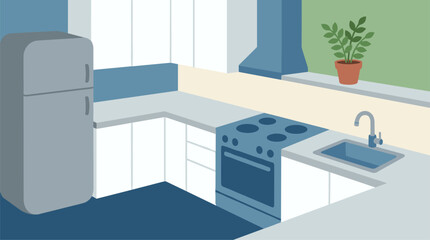 Fototapeta premium Modern kitchen interior with refrigerator, stove, sink, and a potted plant on the windowsill.