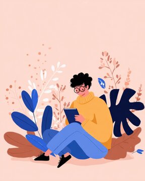 Cheerful character reading on tablet surrounded by vibrant plants and soft colors