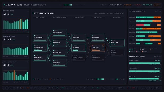 Explore a 4K AI data pipeline observability dashboard featuring a dark slate interface with teal and amber accents, showcasing MLOps monitoring and system performance metrics.