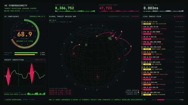 A cinematic 4K AI-powered cybersecurity threat detection command center dashboard featuring live threat maps and real-time alerts with neon accents and dynamic visual elements.