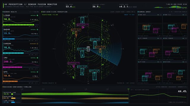 A sleek 4K dashboard interface showcasing an AI autonomous vehicle sensor fusion system with lidar and radar data visualizations in a high-tech design.