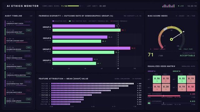 A comprehensive 4K dashboard visualizing AI ethics and model bias monitoring with fairness disparity charts, bias scores, and audit timelines in a sophisticated color palette.