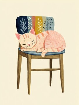 Charming illustration of a cat napping peacefully on a colorful chair, exuding warmth and comfort