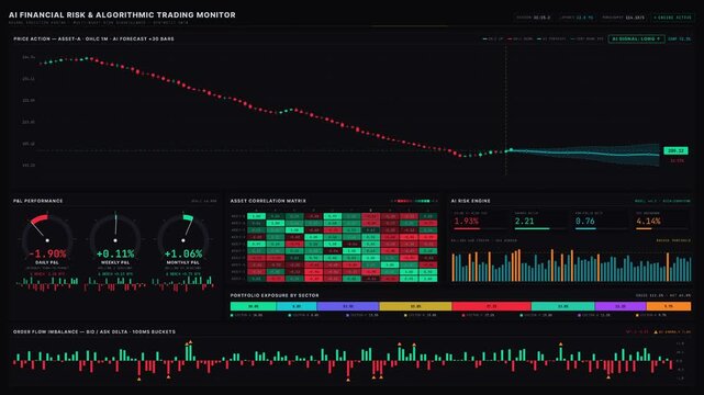 A visually engaging AI-powered algorithmic trading and risk monitoring dashboard showcasing live candlestick charts, risk heatmaps, and PandL gauges in a sleek dark theme.