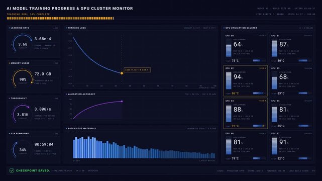 Monitor the AI model training progress with a detailed GPU cluster dashboard displaying vibrant curves and metrics in deep space navy and electric blue accents.