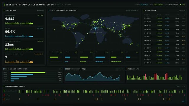 A detailed 4K edge AI and IoT device fleet monitoring dashboard showcasing vibrant data visualizations with a world map, device health metrics, and an event timeline in an industrial setting.