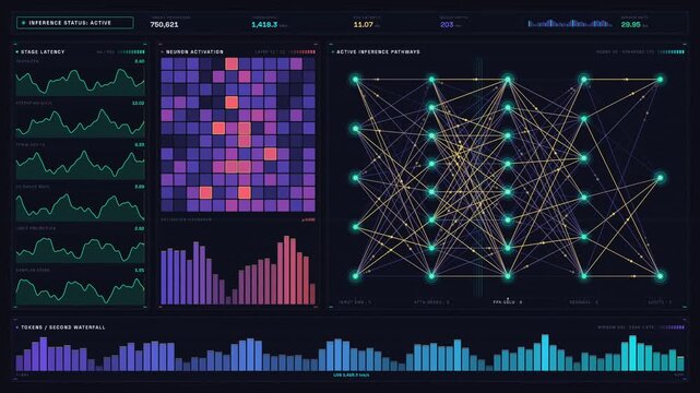 Explore a futuristic 4K AI monitoring dashboard showcasing real-time neural network inference with glowing nodes and dynamic visualizations in a dark-mode interface.