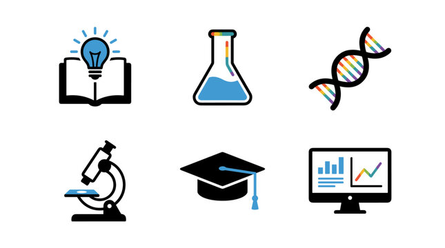 Science and education icon set: lightbulb idea, beaker, DNA, microscope, graduation cap, computer graph