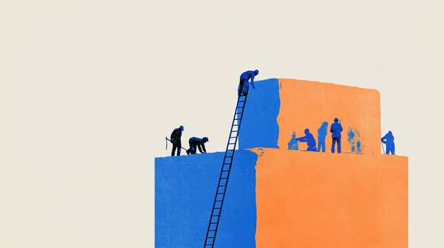Collaboration and teamwork driving business growth as workers paint a structure bridging the gap between old and new