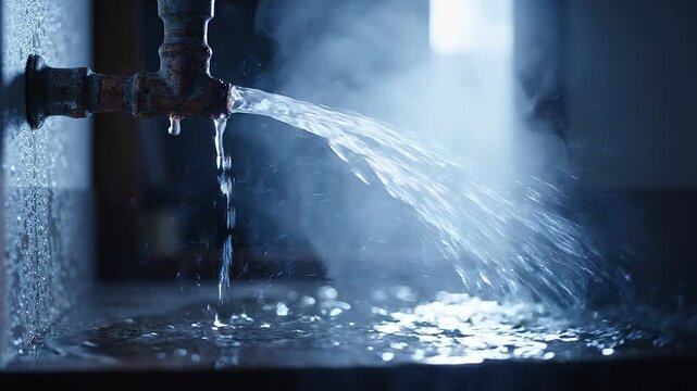 Water gushing from rusty pipe faucet with splash and steam. Plumbing leak and burst pipe emergency sequence showing pressure change and vapor concept