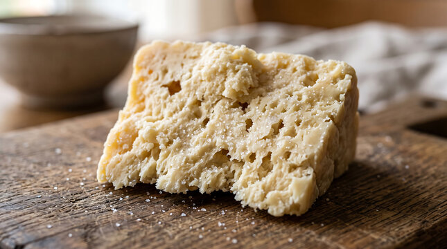 Rustic Block of Traditional Aged Georgian Guda Sheep Milk Cheese on Wooden Board Close-Up