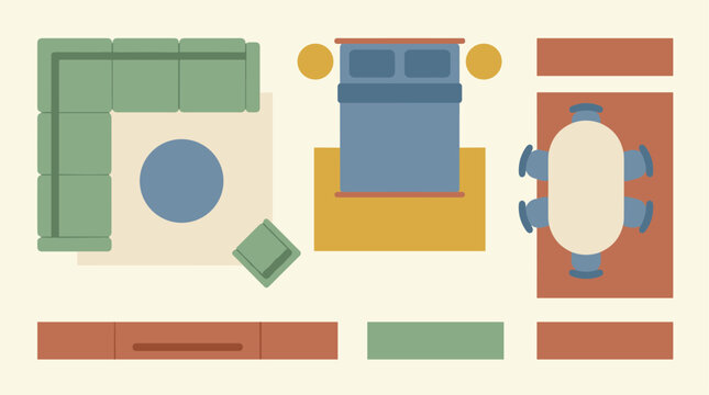 Top down view flat design illustration of a room layout with furniture: sofa, bed, dining table and chairs