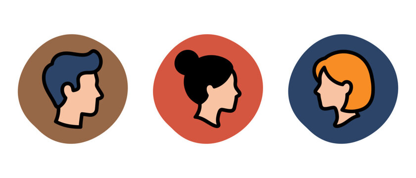 Set of three circular profile avatars depicting human head silhouettes in side view with silhouette character portrait collection illustration colorful communication community identity
