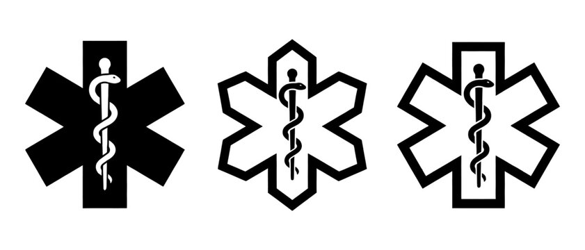 Set of three star of life medical symbols in black silhouette style with emergency sign medic cross healthcare icon ambulance logo paramedic graphic first aid hospital sign medical design