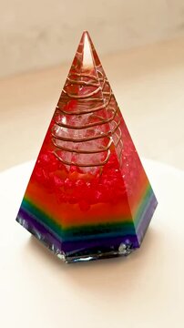 Small Eight-Sided Rainbow Orgone Pyramid Spinning on White Background, Colorful Spectrum Crystal Resin Ornament Rotating Slowly, Vibrant Colors, Spiritual Energy, Meditation and Alternative Wellness C