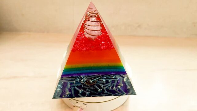 Large Rainbow Orgone Pyramid Spinning on White Background, Colorful Spectrum Crystal Resin Ornament Rotating Slowly, Vibrant Rainbow Colors, Spiritual Energy, Meditation and Alternative Wellness Conce