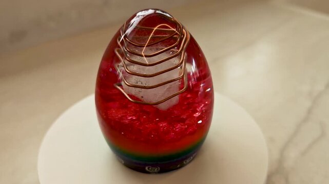 Rainbow Orgone Egg Spinning on White Background, Colorful Spectrum Crystal Resin Ornament Rotating Slowly, Vibrant Rainbow Colors, Spiritual Energy, Meditation, Alternative Wellness and Decorative Con