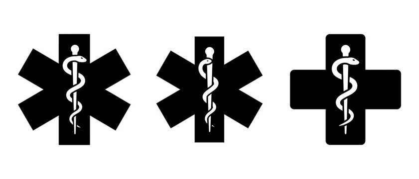 Three black silhouette variations of star of life and medical cross symbols with emergency sign healthcare icon ambulance logo first aid paramedic graphic hospital sign medical symbol