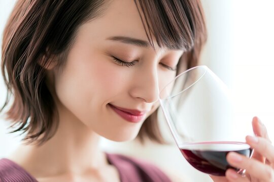 目を閉じ赤ワインの香りを愉しむ女性の幸せな時間