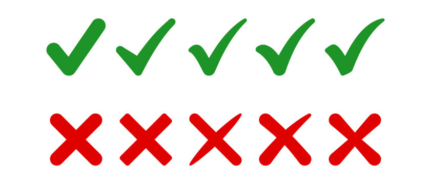 Set of green check marks and red cross symbols indicating correct and incorrect choices with check mark right wrong yes no approval rejection tick cross success failure choice icon selection